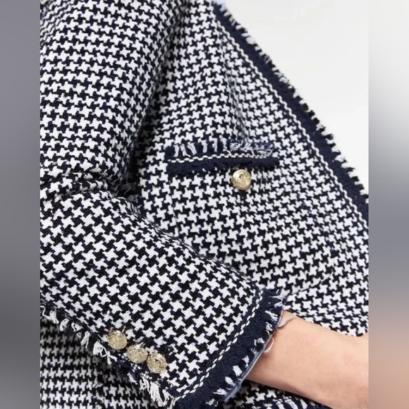 Zara Tweed Houndstooth Open Front Raw Edge Blazer - Picture 3 of 14